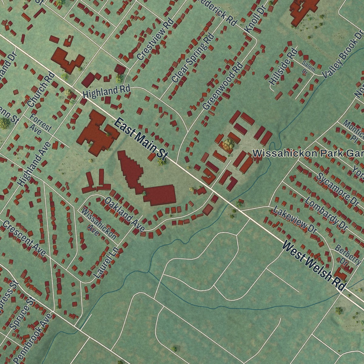 Second close-up of the map of Lansdale, Pennsylvania print showing more streets and buildings