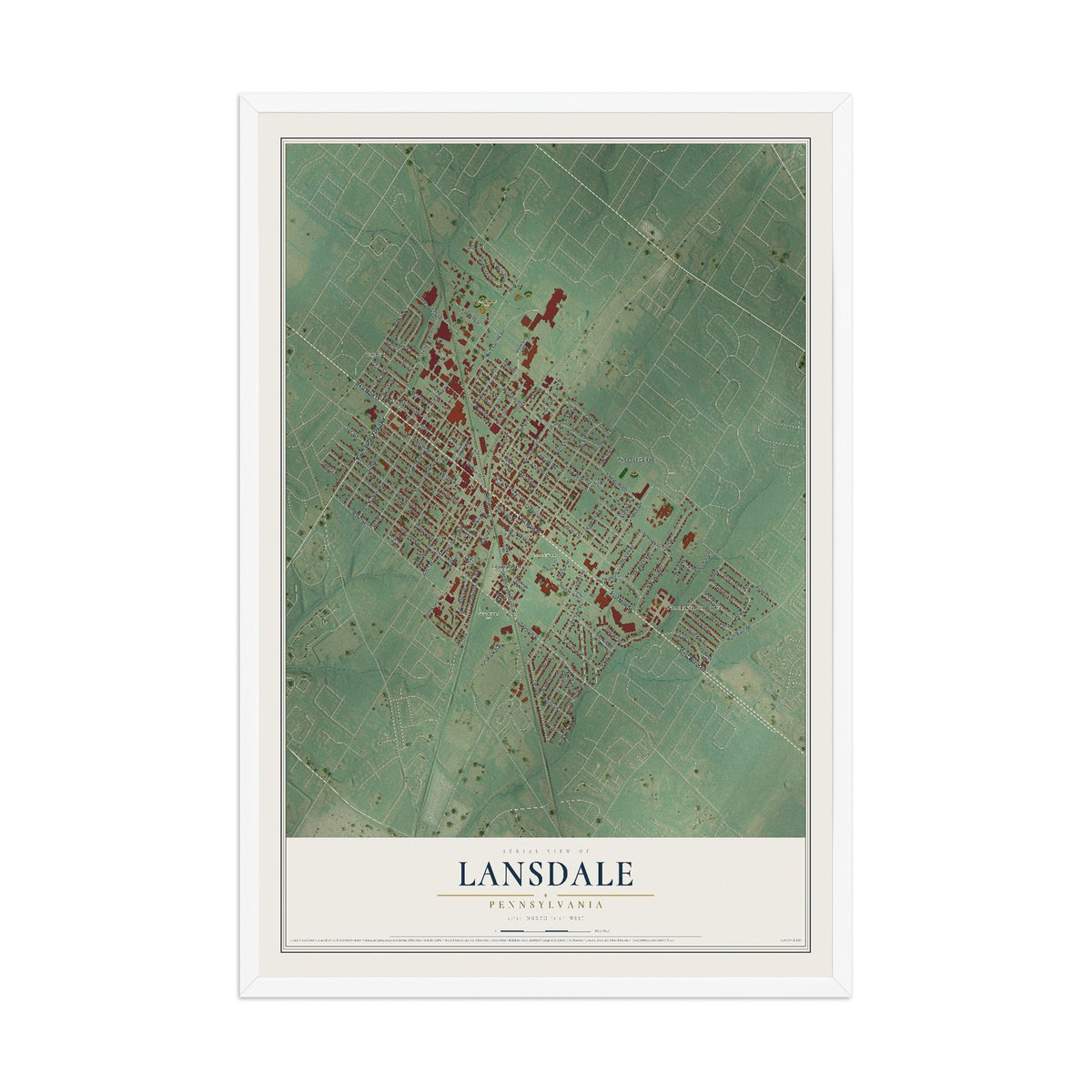 Map of Lansdale, Pennsylvania, 12 x 18 inch print in a white wood frame