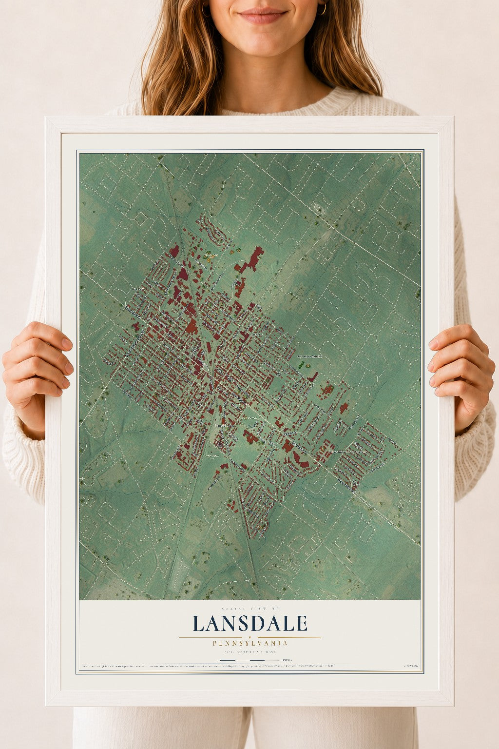 Map of Lansdale, Pennsylvania, 18 x 24 inch print in a white wood frame