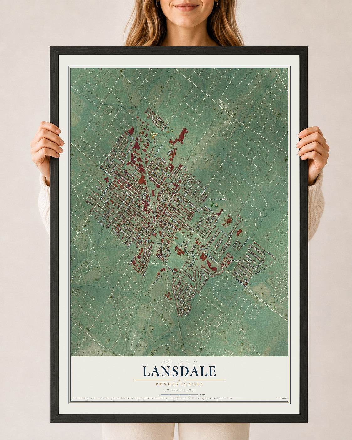 Map of Lansdale, Pennsylvania, 24 x 36 inch print in a black wood frame