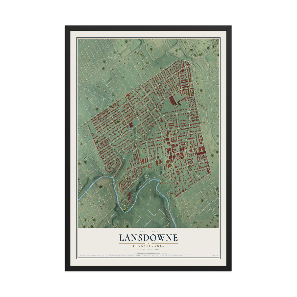 Map of Lansdowne, Pennsylvania, 12 x 18 inch print in a black wood frame