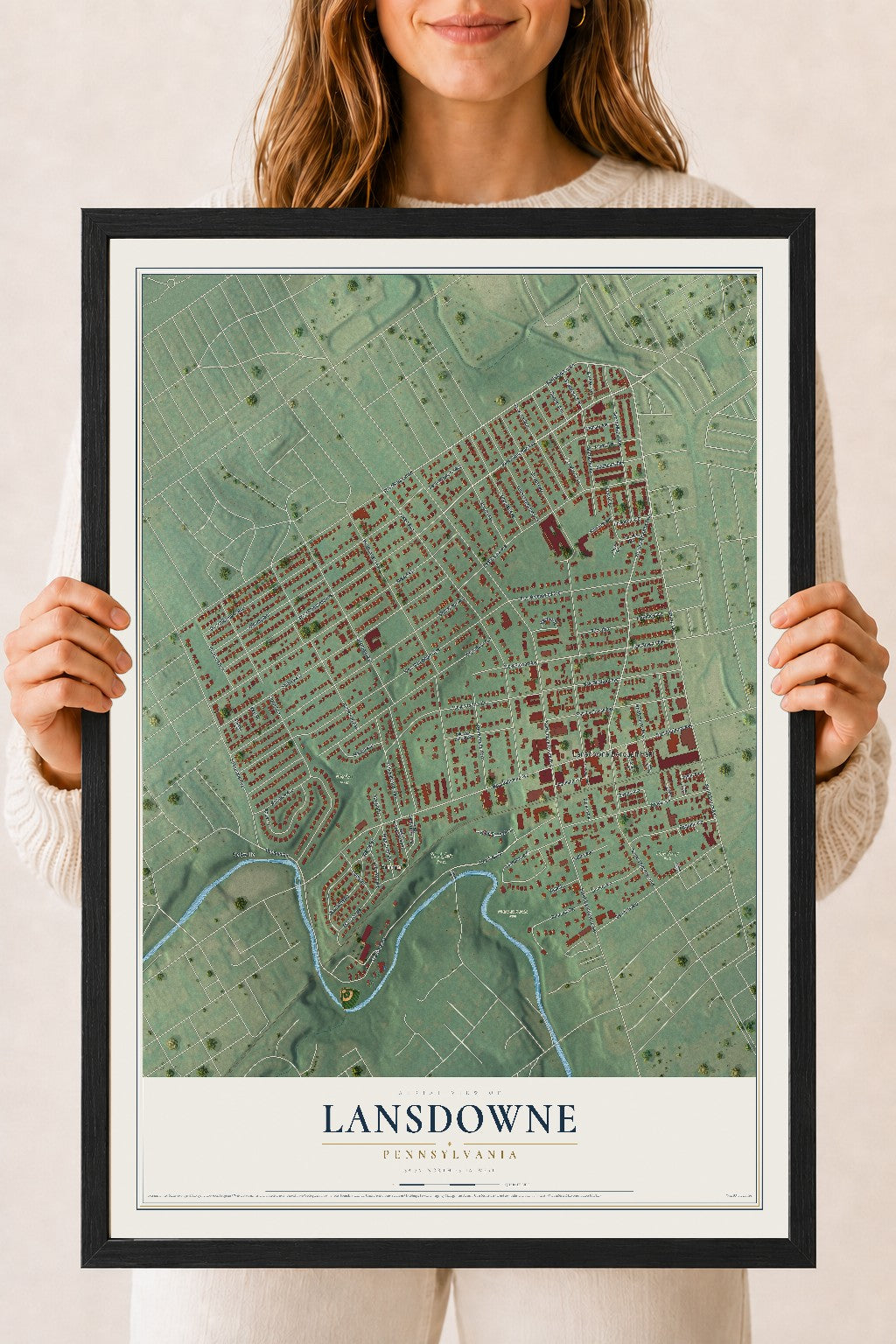 Map of Lansdowne, Pennsylvania, 18 x 24 inch print in a black wood frame