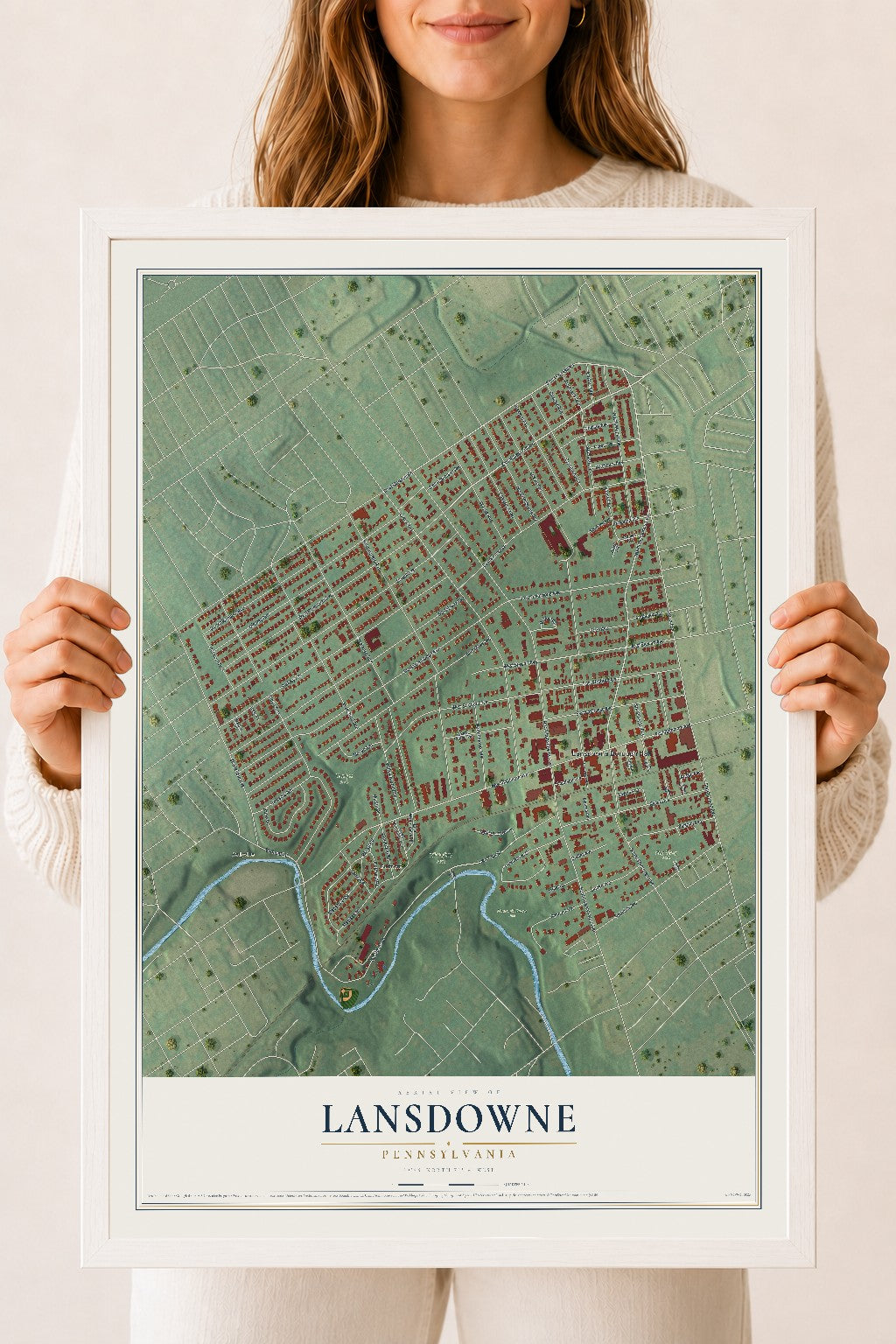 Map of Lansdowne, Pennsylvania, 18 x 24 inch print in a white wood frame