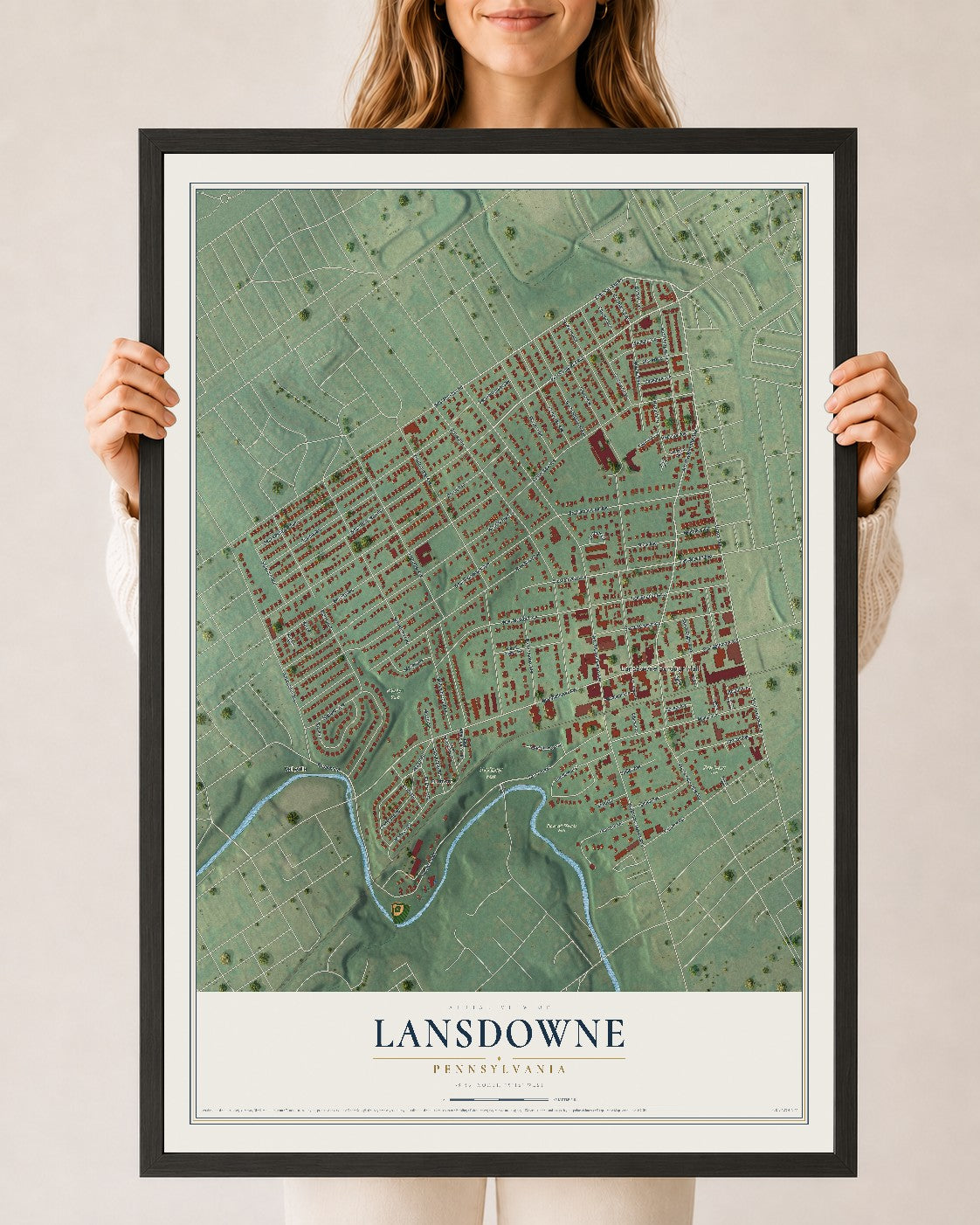 Map of Lansdowne, Pennsylvania, 24 x 36 inch print in a black wood frame