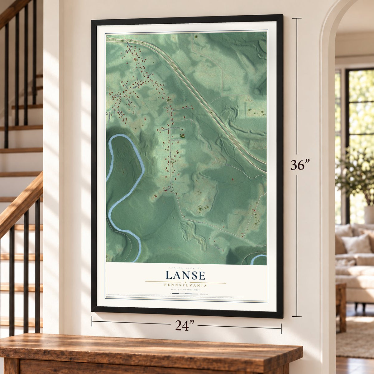 Lanse, Pennsylvania map, 24 x 36 inch print in a black frame by a staircase