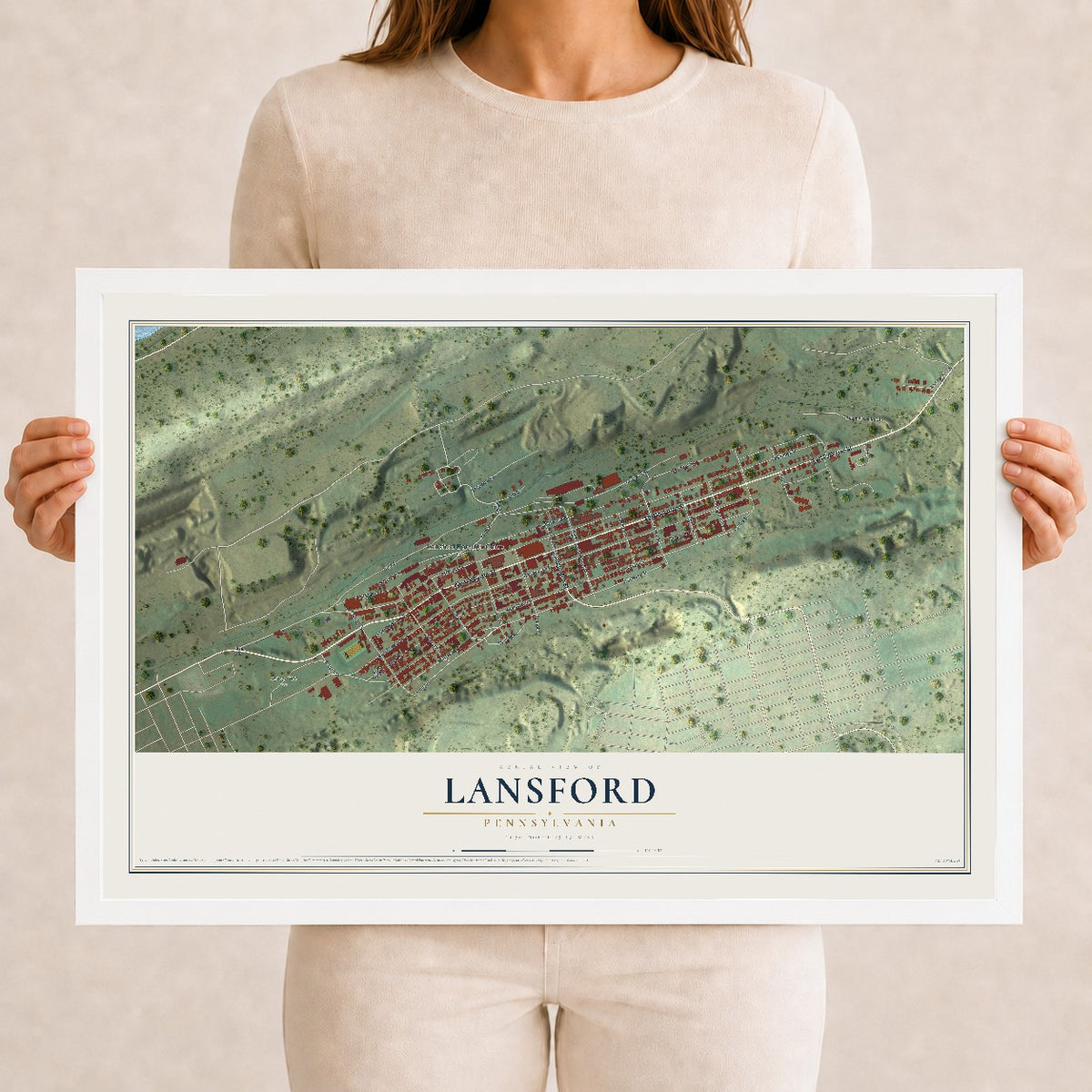 Map of Lansford, Pennsylvania, 12 x 18 inch print in a white wood frame