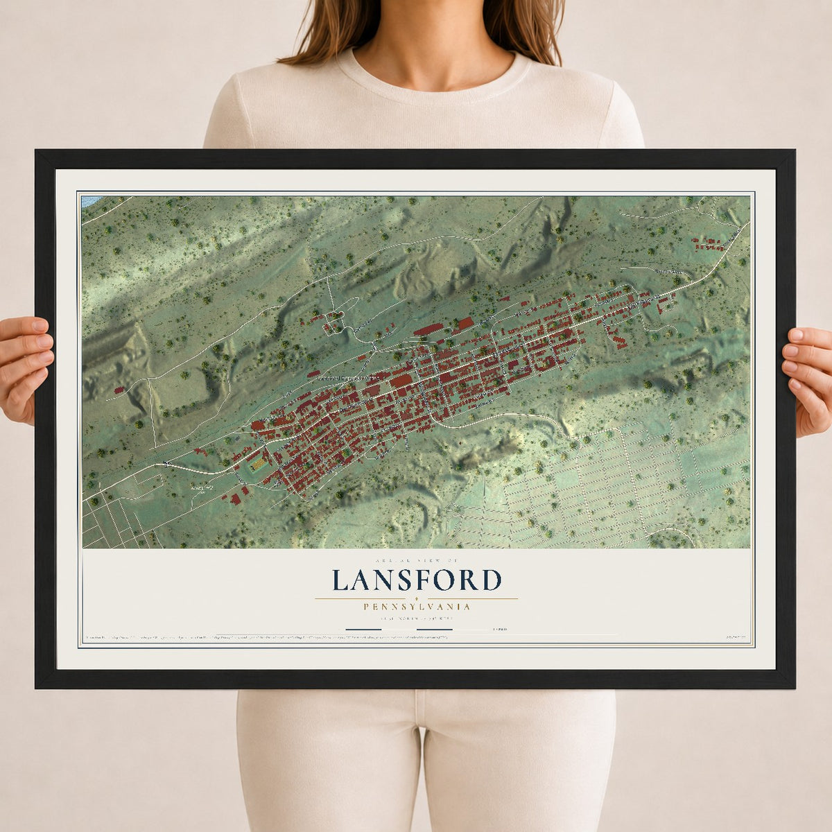 Map of Lansford, Pennsylvania, 18 x 24 inch print in a black wood frame