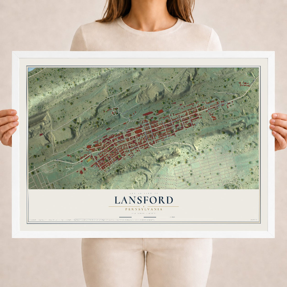 Map of Lansford, Pennsylvania, 18 x 24 inch print in a white wood frame