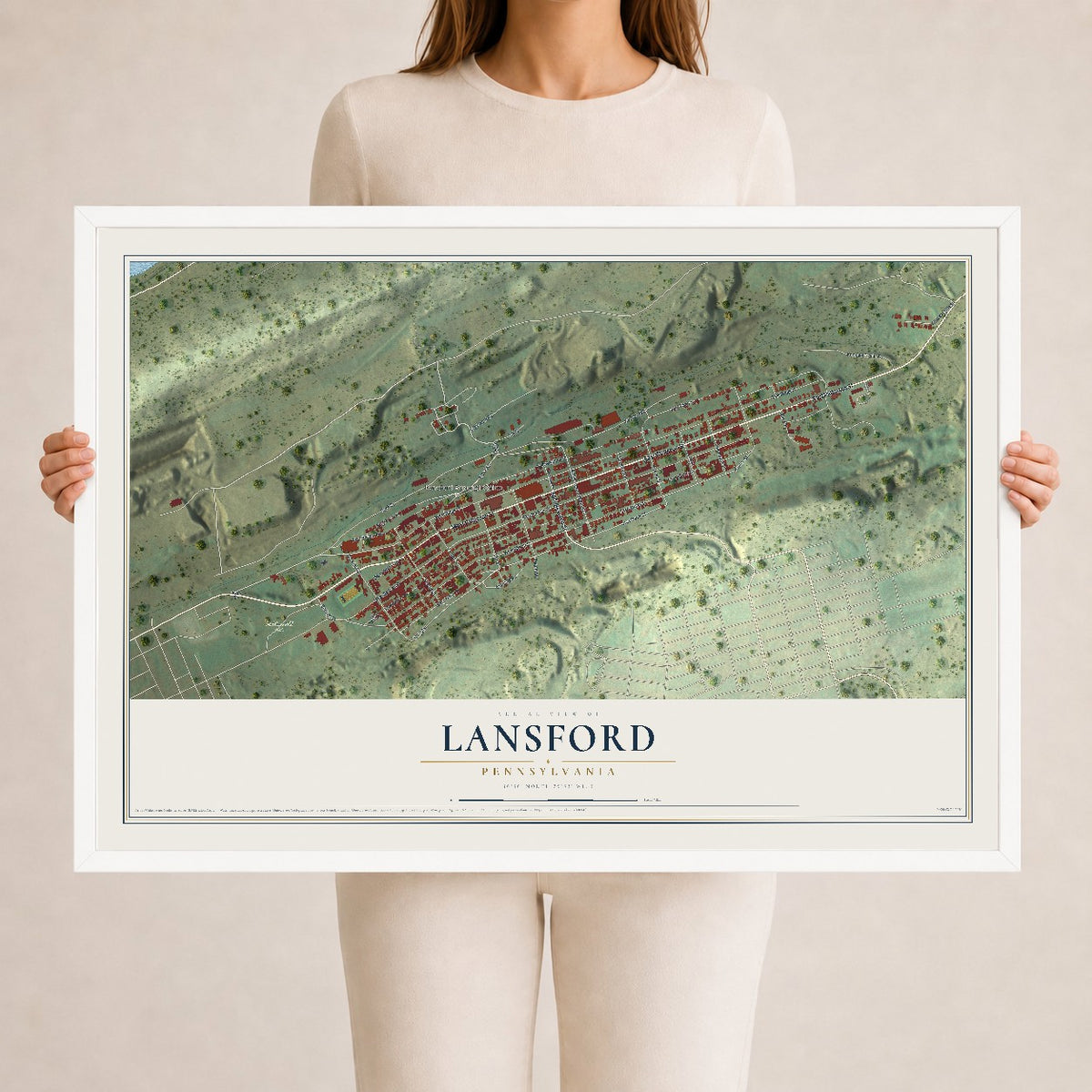 Map of Lansford, Pennsylvania, 24 x 36 inch print in a white wood frame