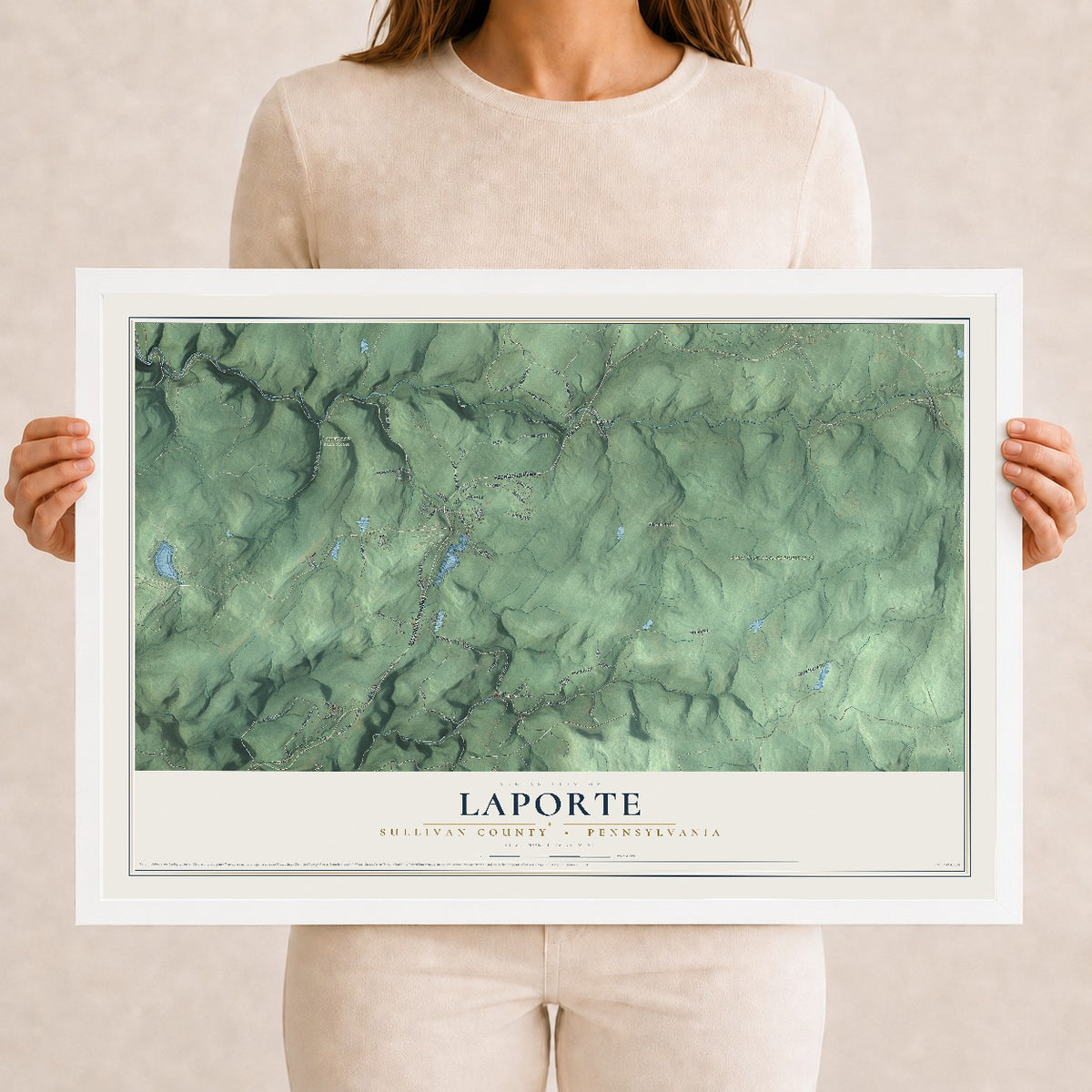 Map of Laporte, Sullivan County, Pennsylvania, 12 x 18 inch print in a white wood frame