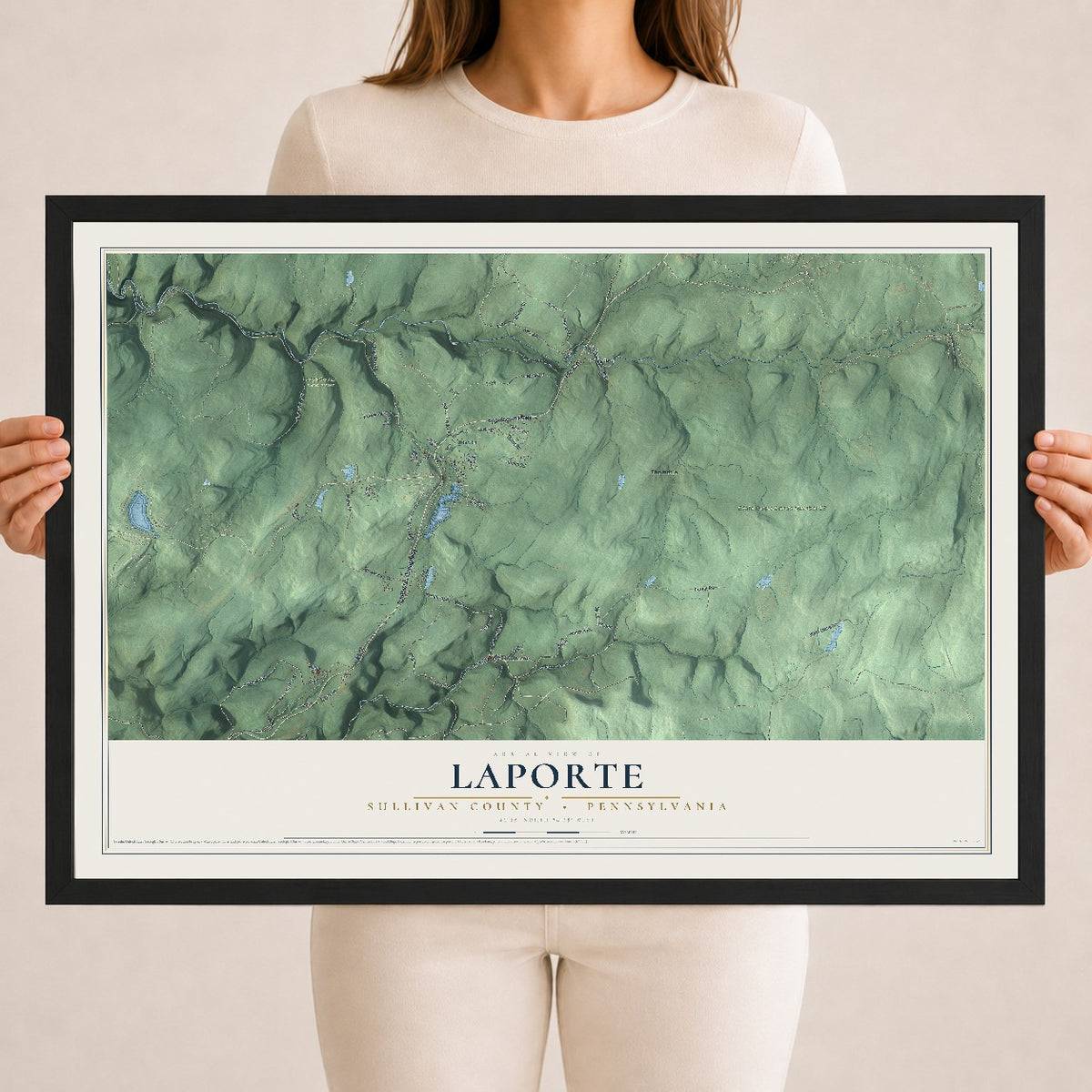 Map of Laporte, Sullivan County, Pennsylvania, 18 x 24 inch print in a black wood frame