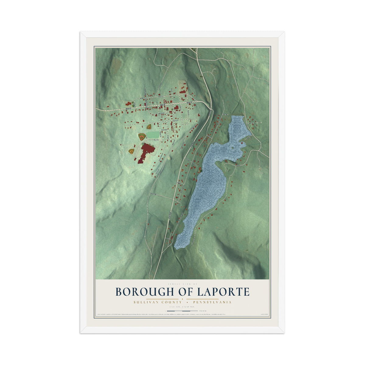 Map of the Borough of Laporte, Sullivan County, Pennsylvania, 12 x 18 inch print in a white wood frame