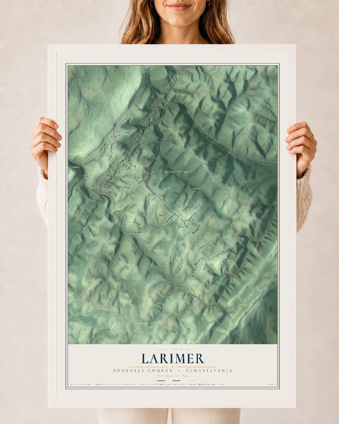 Map of Larimer, Somerset County, Pennsylvania, 24 x 36 inch print in a white wood frame