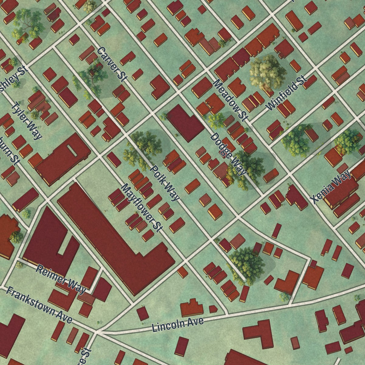 Close-up of the map of Larimer, Pennsylvania print showing street and building detail