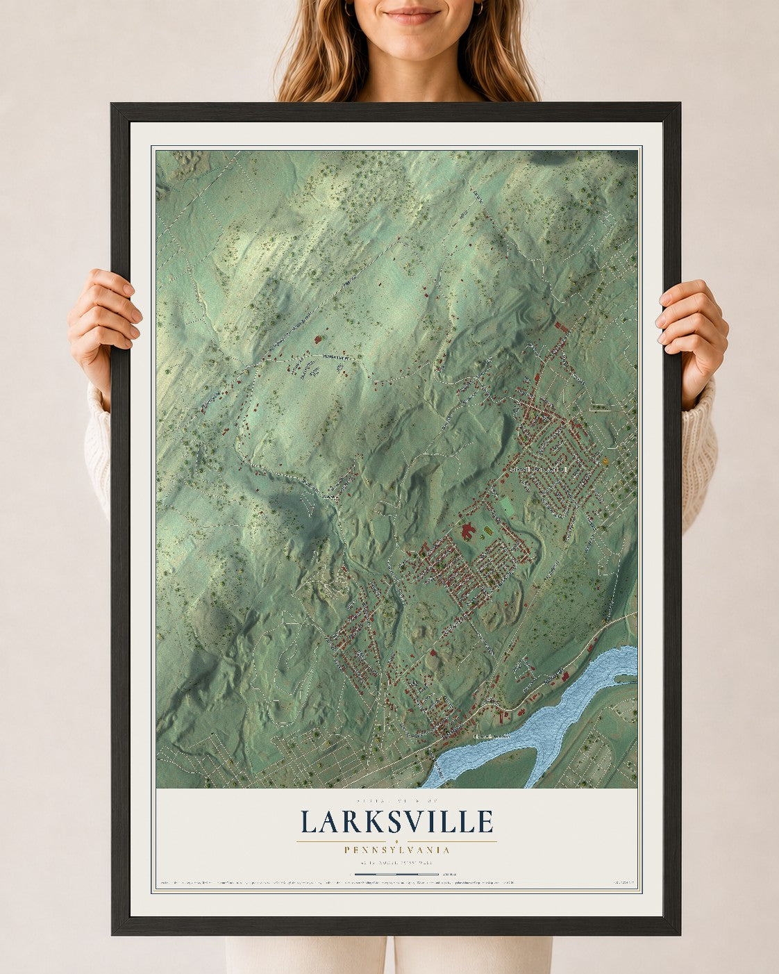 Map of Larksville, Pennsylvania, 24 x 36 inch print in a black wood frame