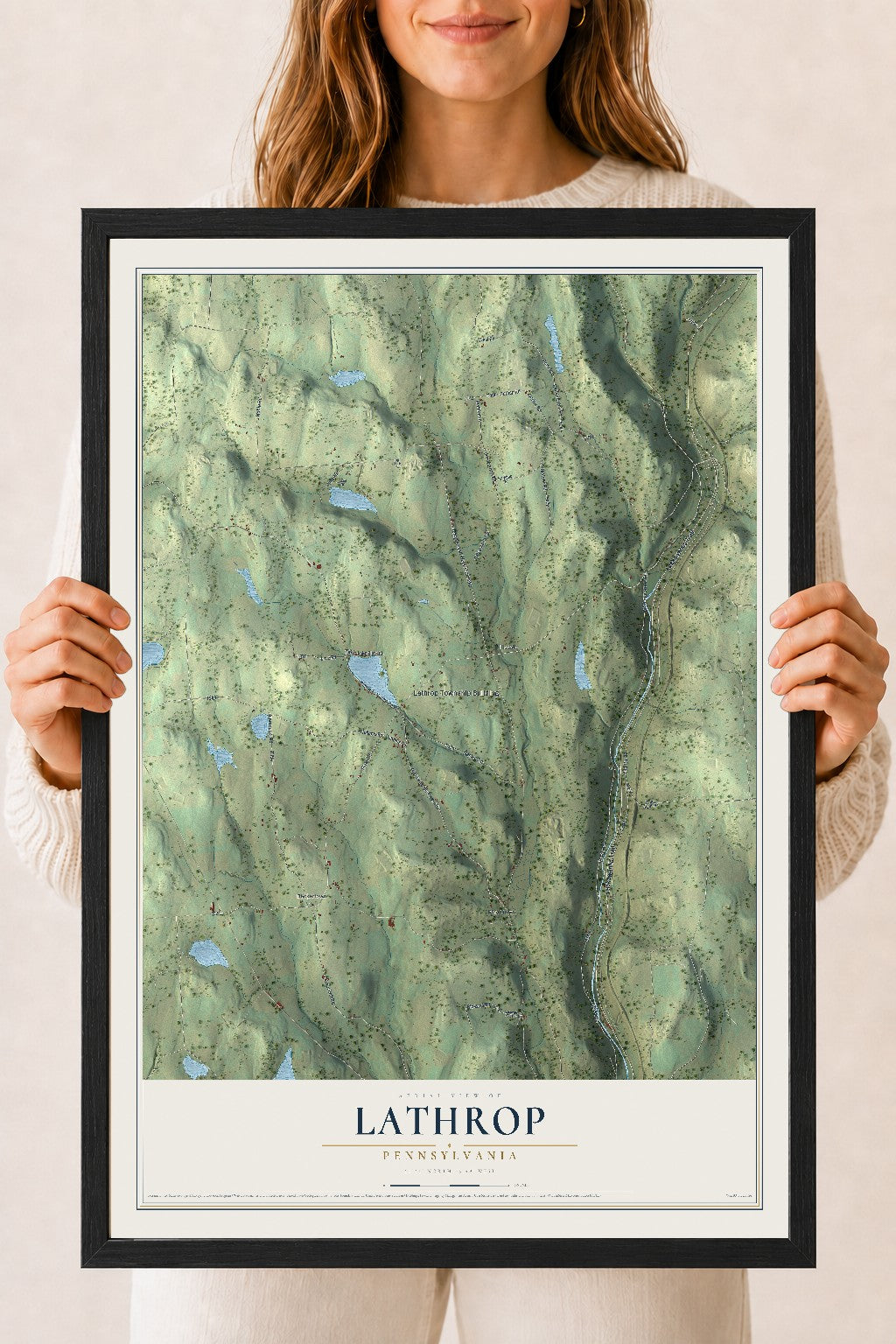 Map of Lathrop, Pennsylvania, 18 x 24 inch print in a black wood frame
