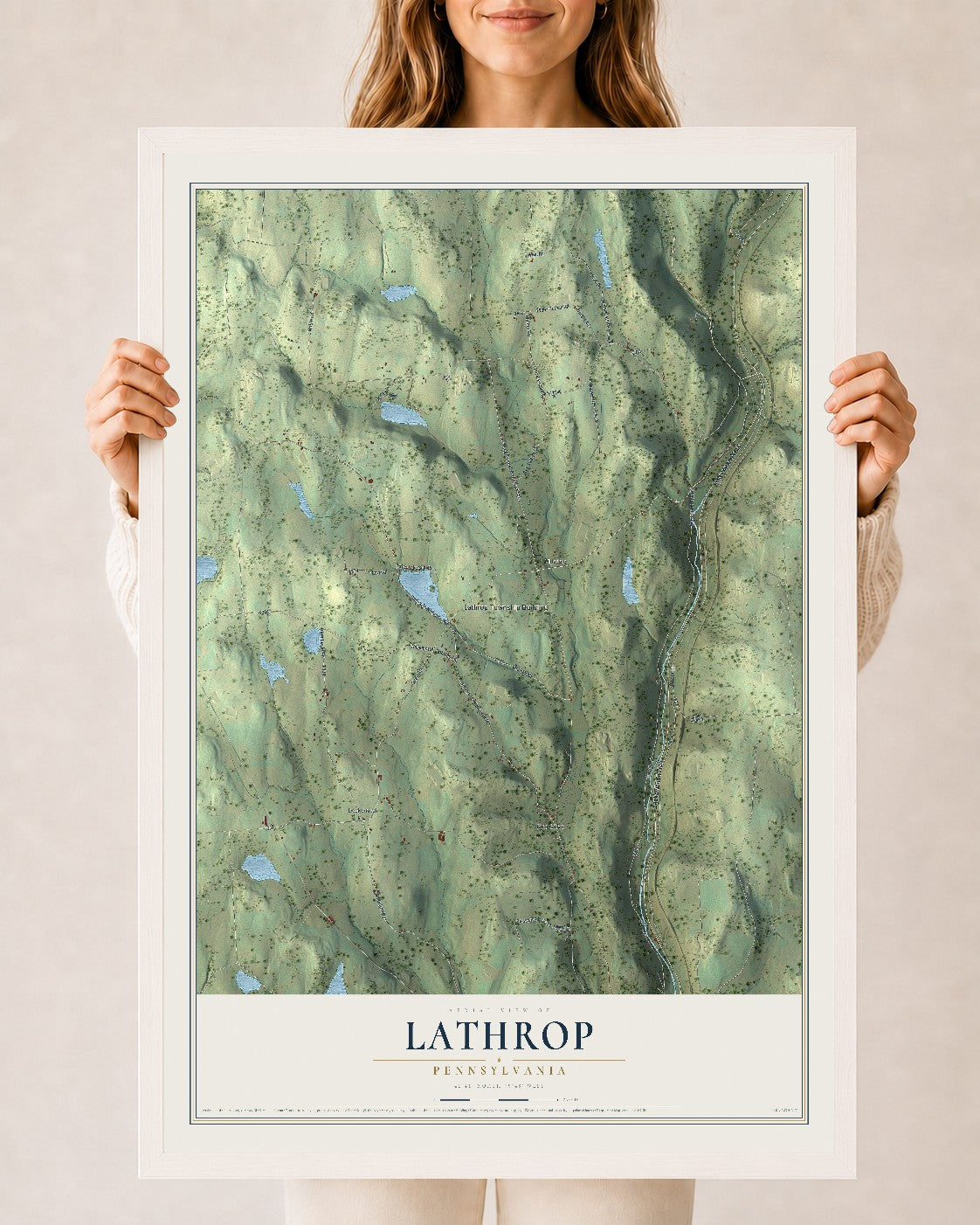 Map of Lathrop, Pennsylvania, 24 x 36 inch print in a white wood frame