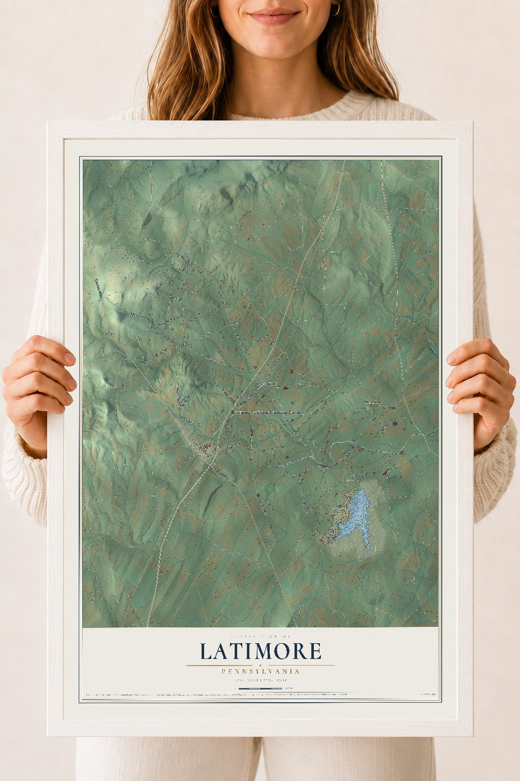 Map of Latimore, Pennsylvania, 18 x 24 inch print in a white wood frame