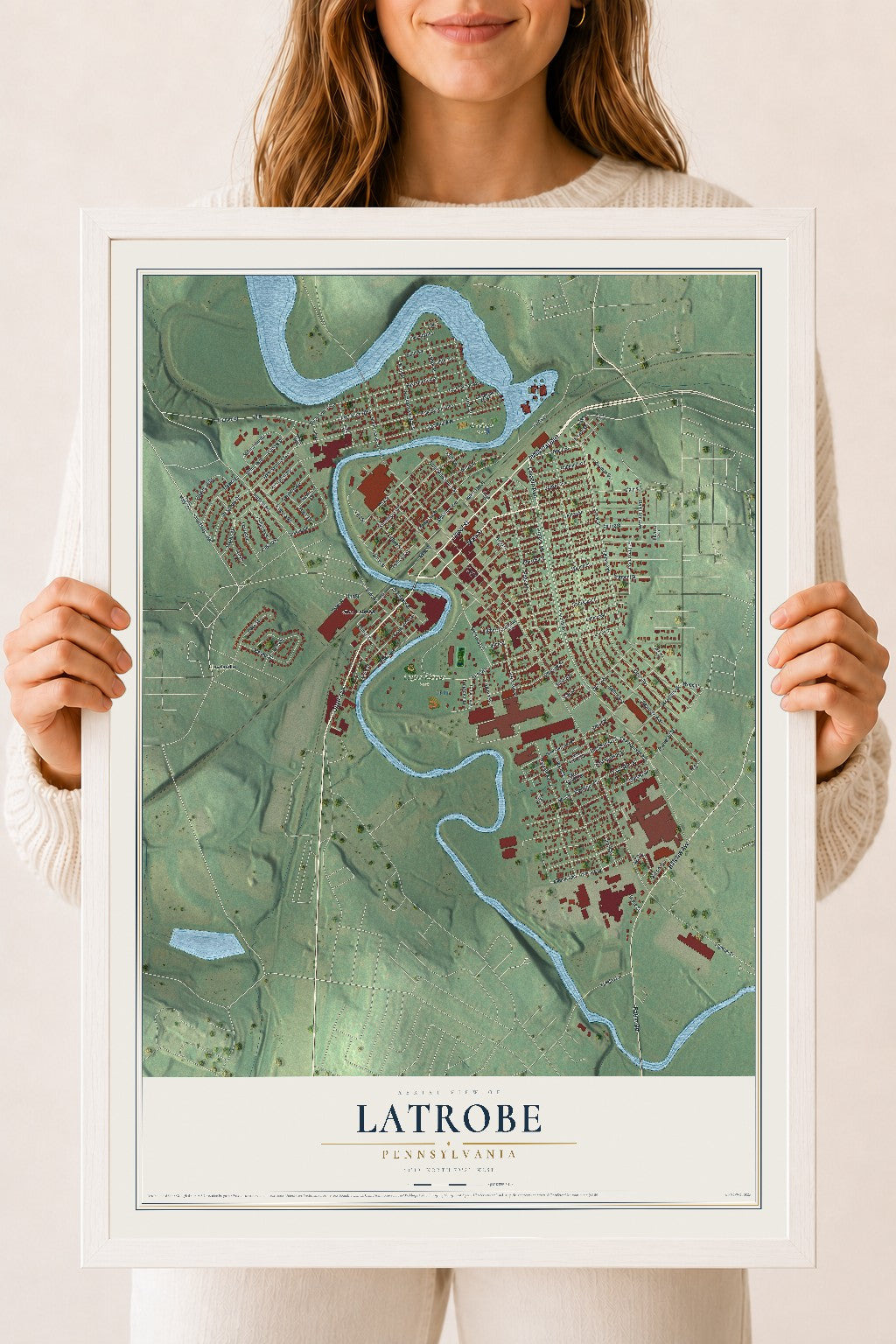Map of Latrobe, Pennsylvania, 18 x 24 inch print in a white wood frame