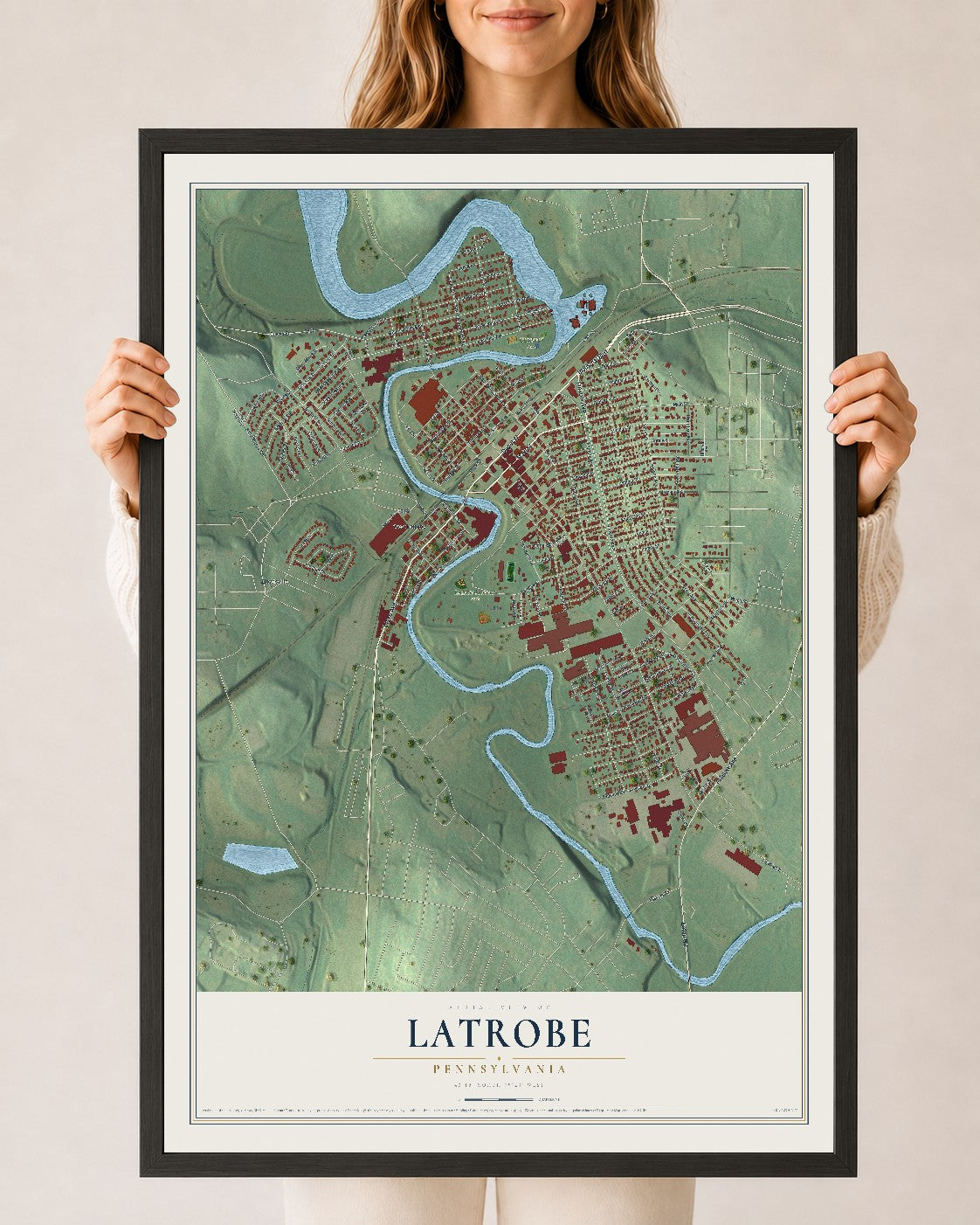 Map of Latrobe, Pennsylvania, 24 x 36 inch print in a black wood frame