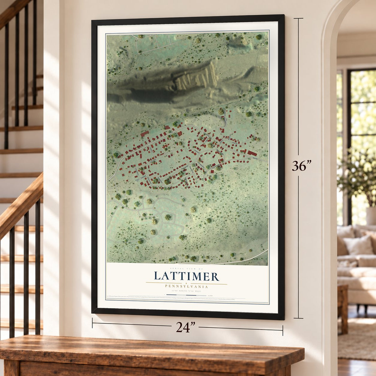 Lattimer, Pennsylvania map, 24 x 36 inch print in a black frame by a staircase