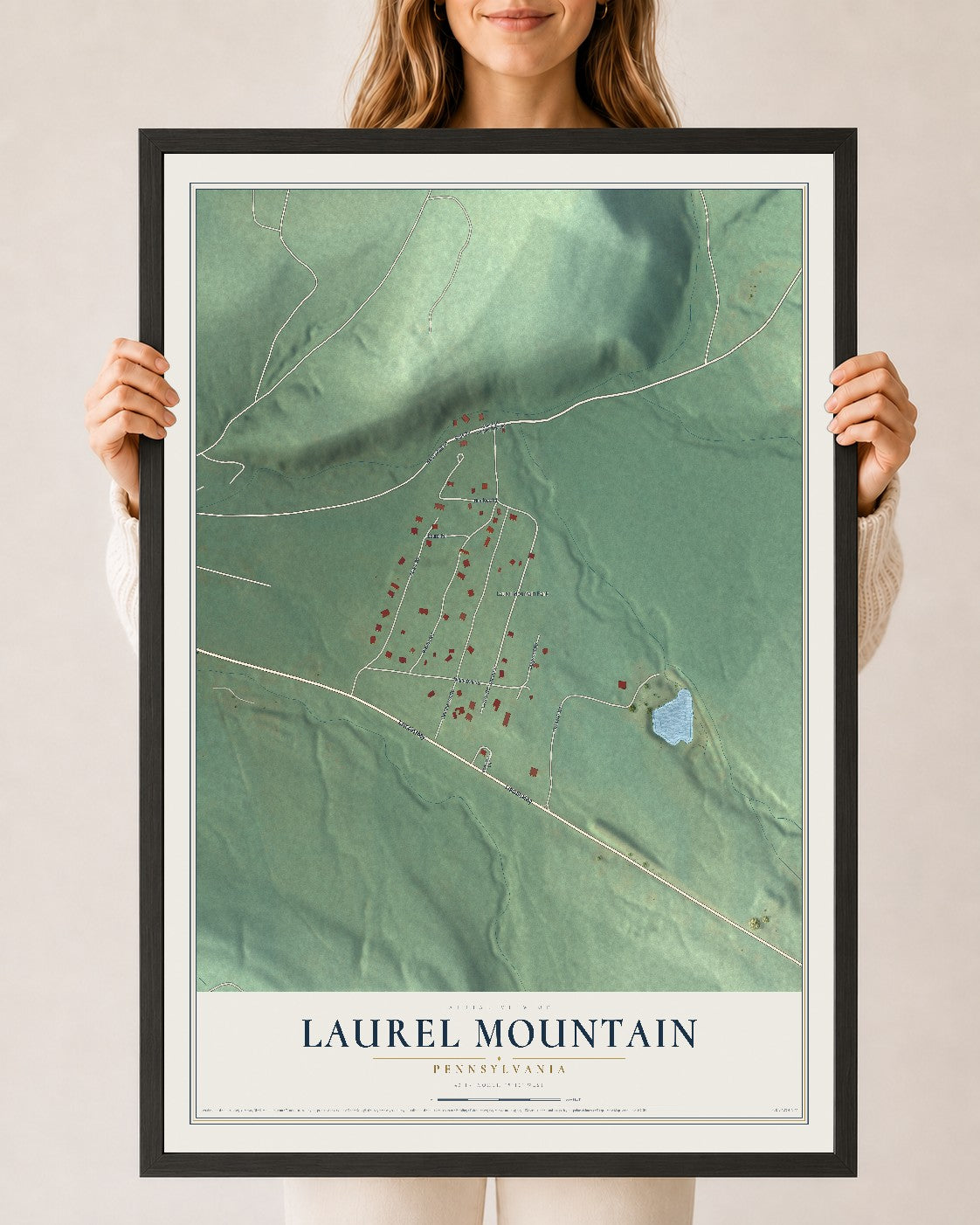 Map of Laurel Mountain, Pennsylvania, 24 x 36 inch print in a black wood frame