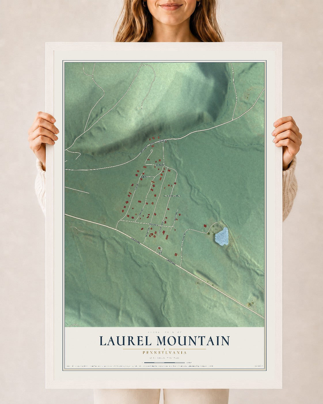 Map of Laurel Mountain, Pennsylvania, 24 x 36 inch print in a white wood frame