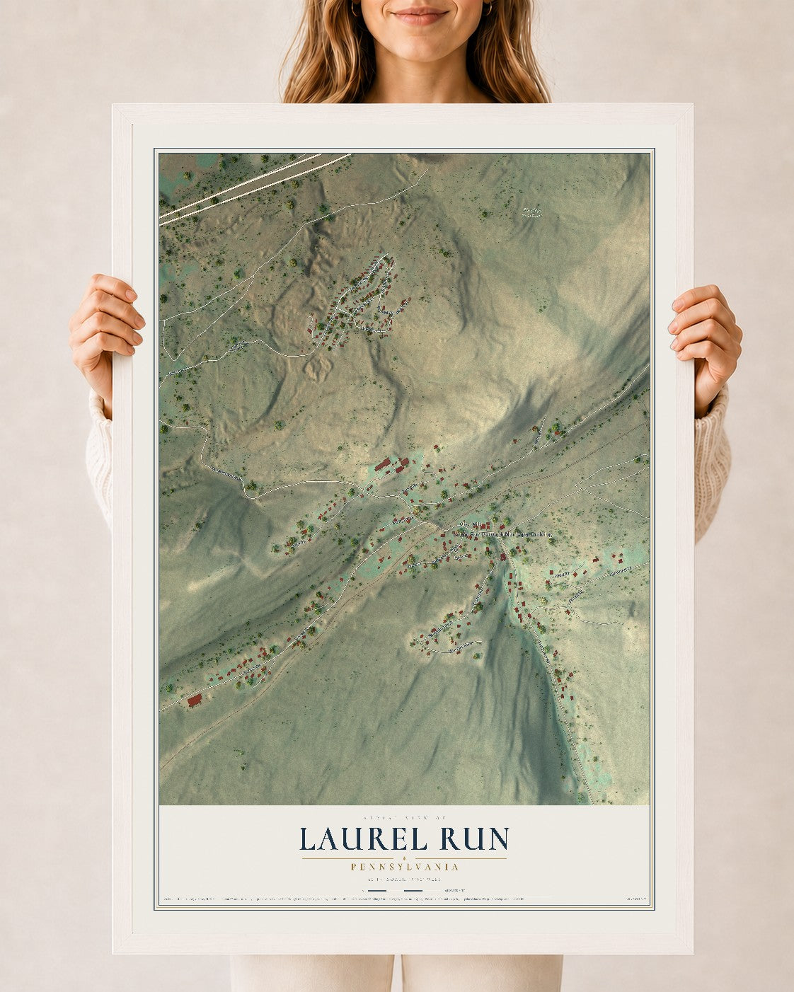 Map of Laurel Run, Pennsylvania, 24 x 36 inch print in a white wood frame