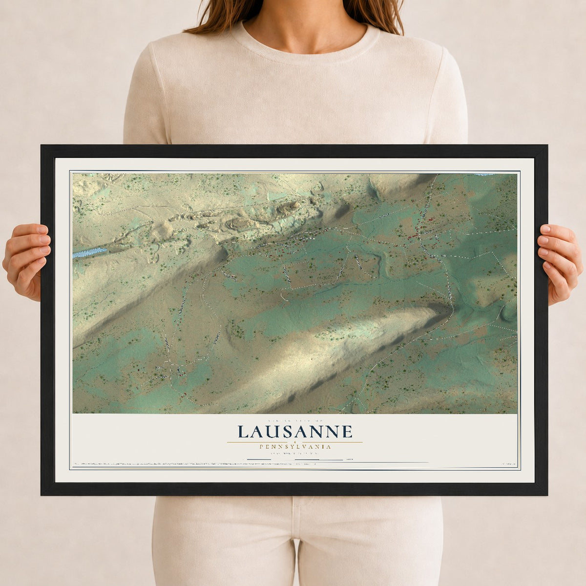 Map of Lausanne, Pennsylvania, 12 x 18 inch print in a black wood frame