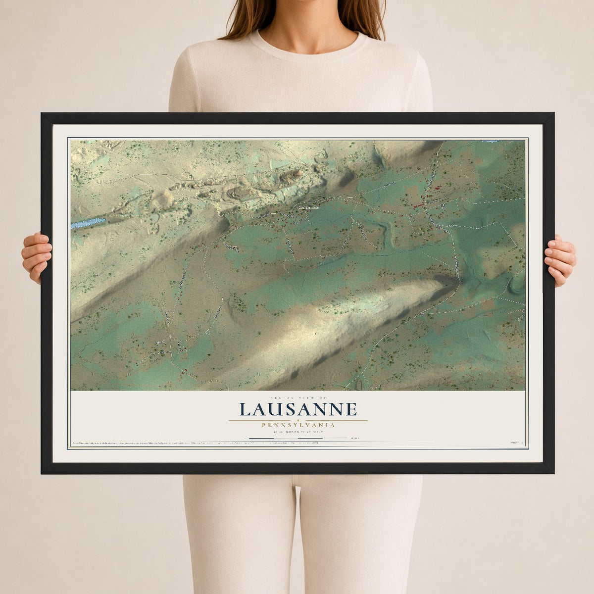 Map of Lausanne, Pennsylvania, 24 x 36 inch print in a black wood frame