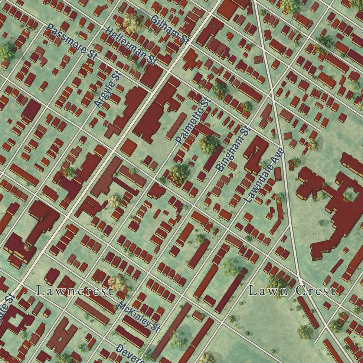 Close-up of the map of Lawndale, Pennsylvania print showing street and building detail