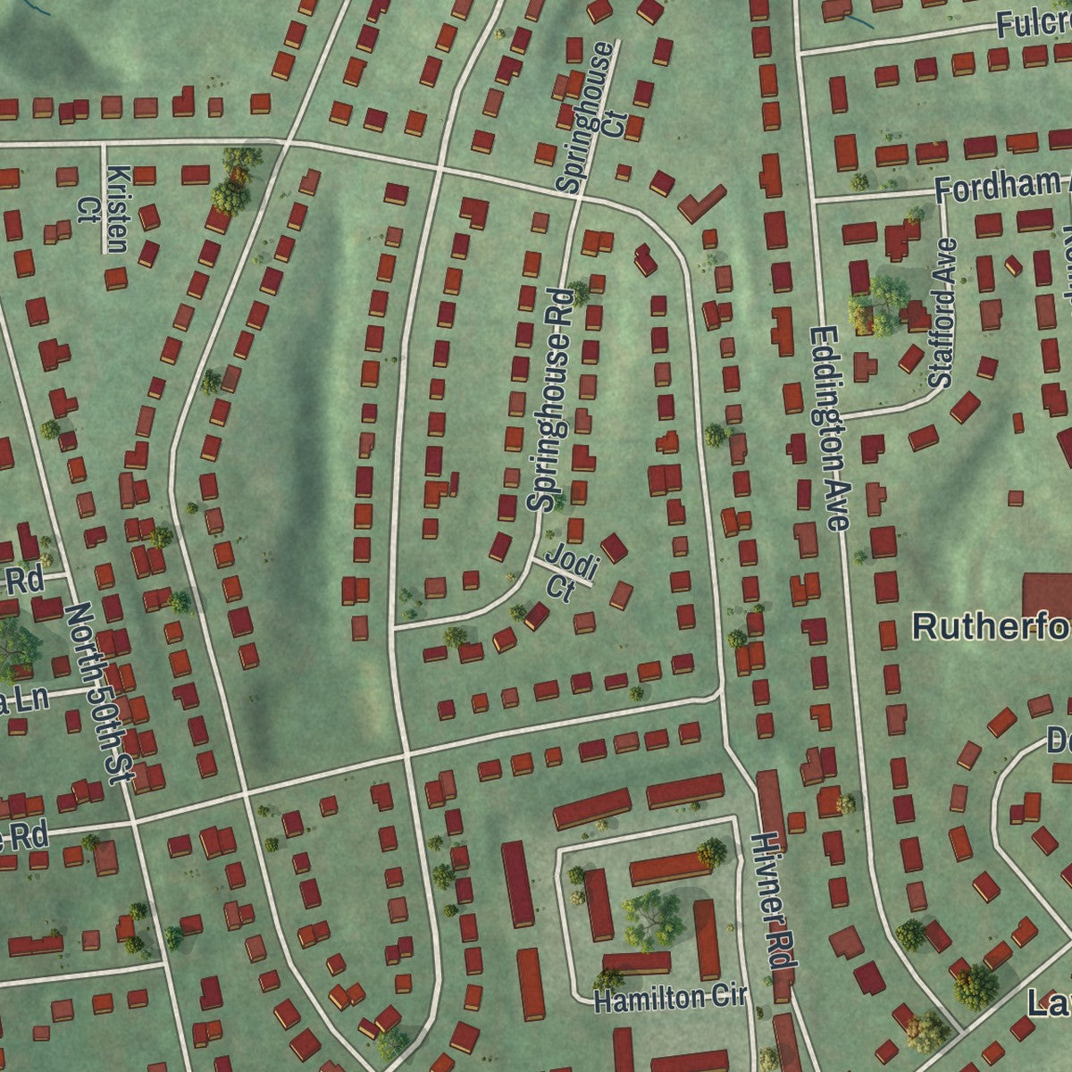 Close-up of the map of Lawnton, Pennsylvania print showing street and building detail
