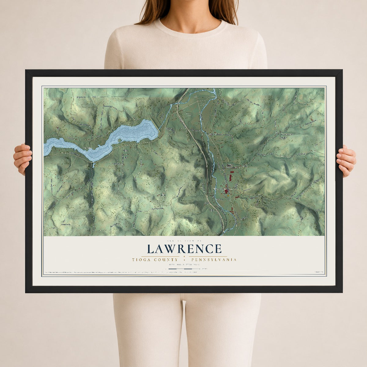 Map of Lawrence, Tioga County, Pennsylvania, 24 x 36 inch print in a black wood frame
