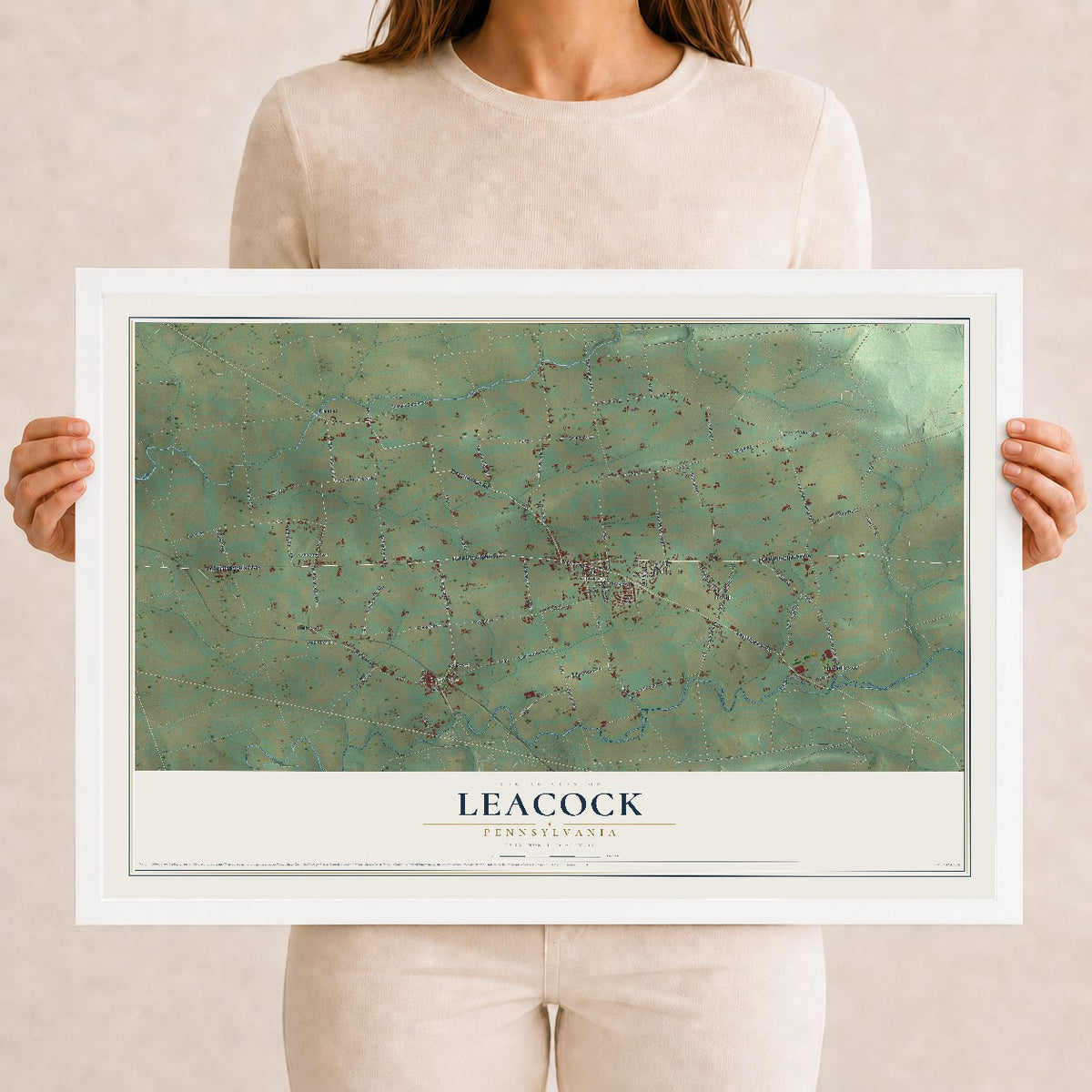 Map of Leacock, Pennsylvania, 12 x 18 inch print in a white wood frame