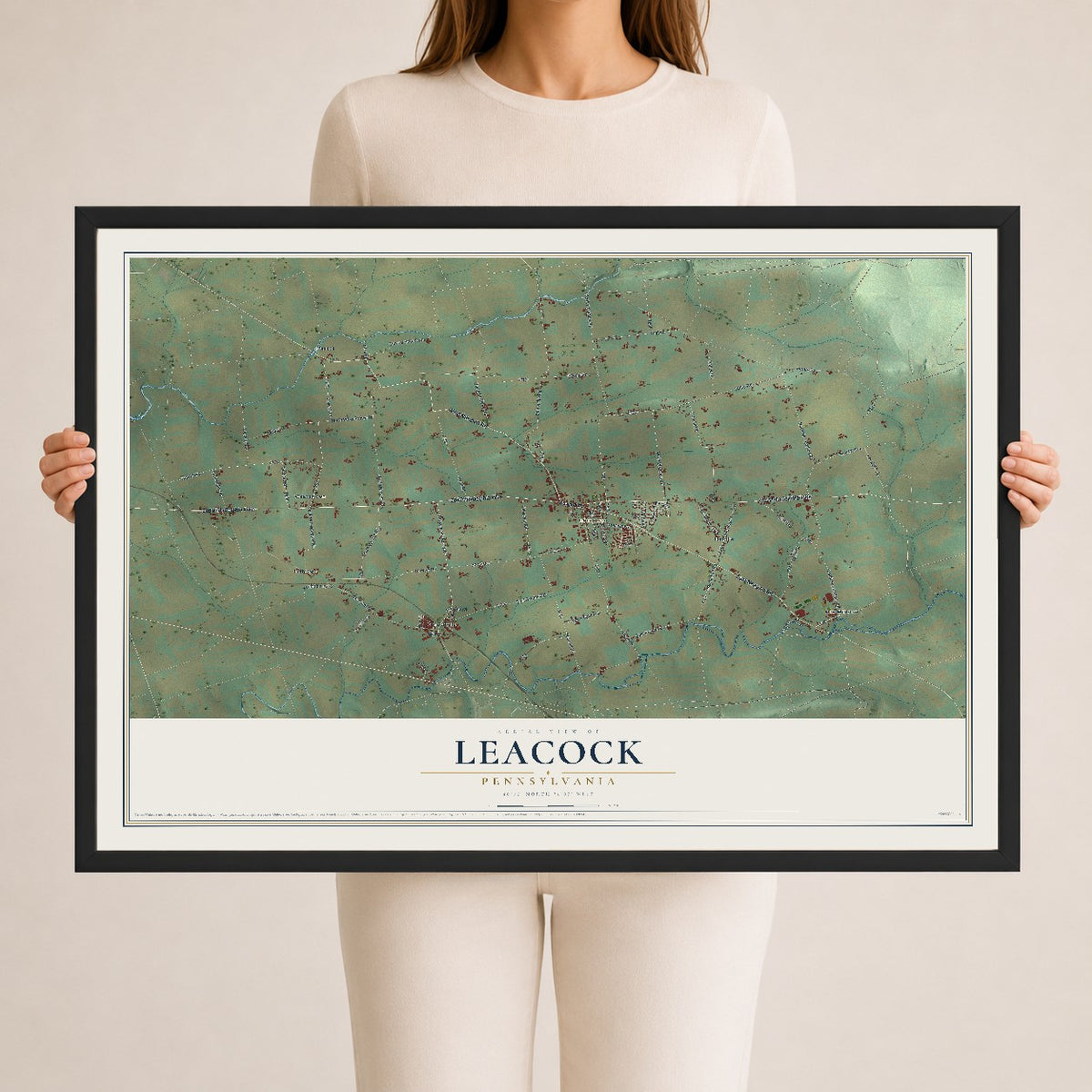 Map of Leacock, Pennsylvania, 24 x 36 inch print in a black wood frame