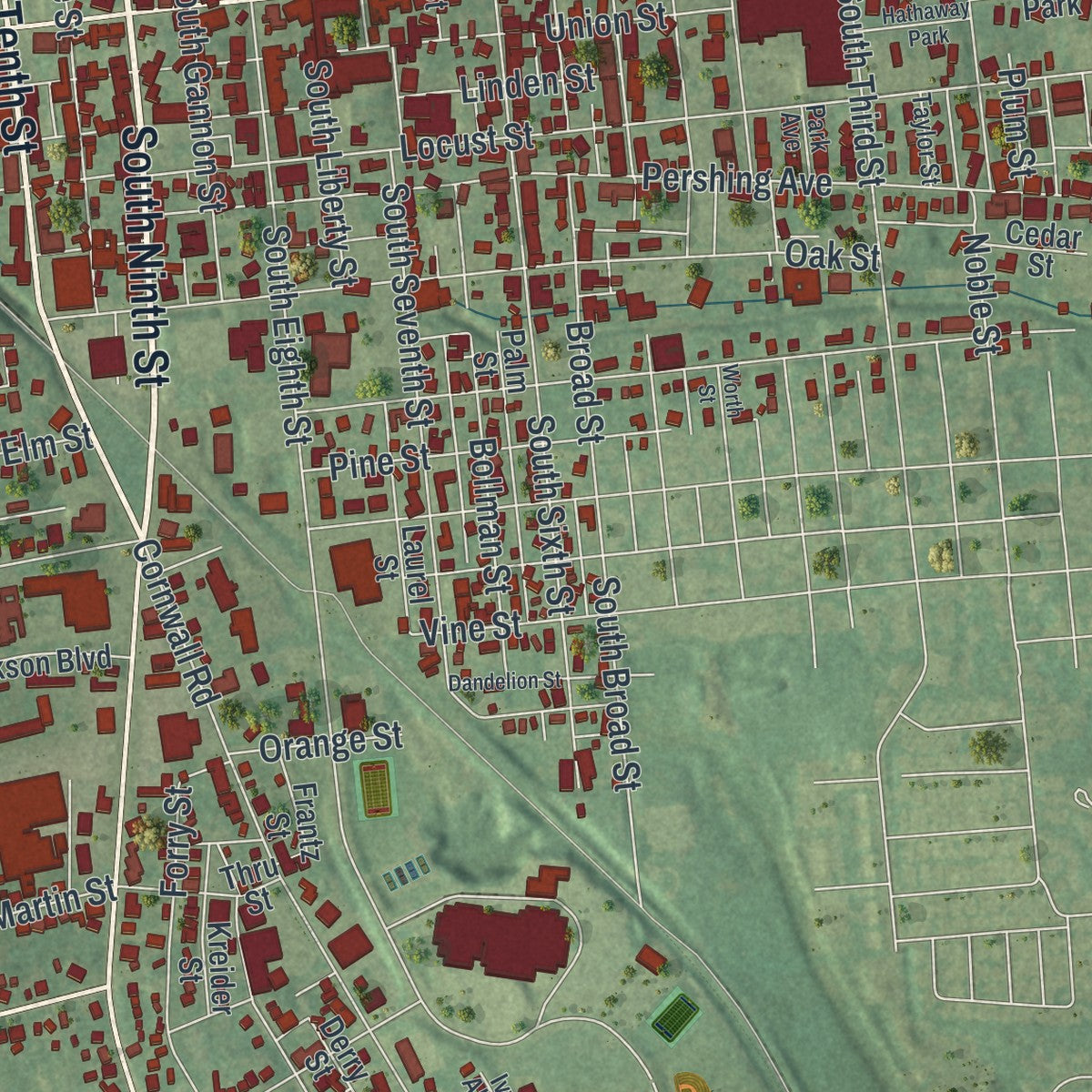 Second close-up of the map of Lebanon, Lebanon County, Pennsylvania print showing more streets and buildings