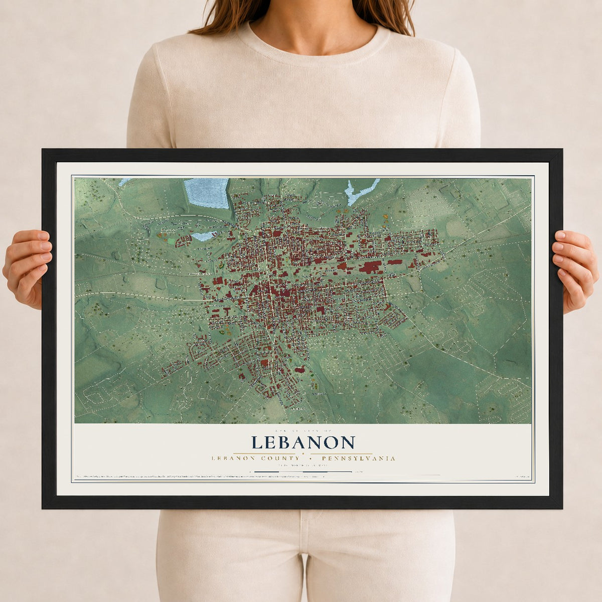 Map of Lebanon, Lebanon County, Pennsylvania, 12 x 18 inch print in a black wood frame