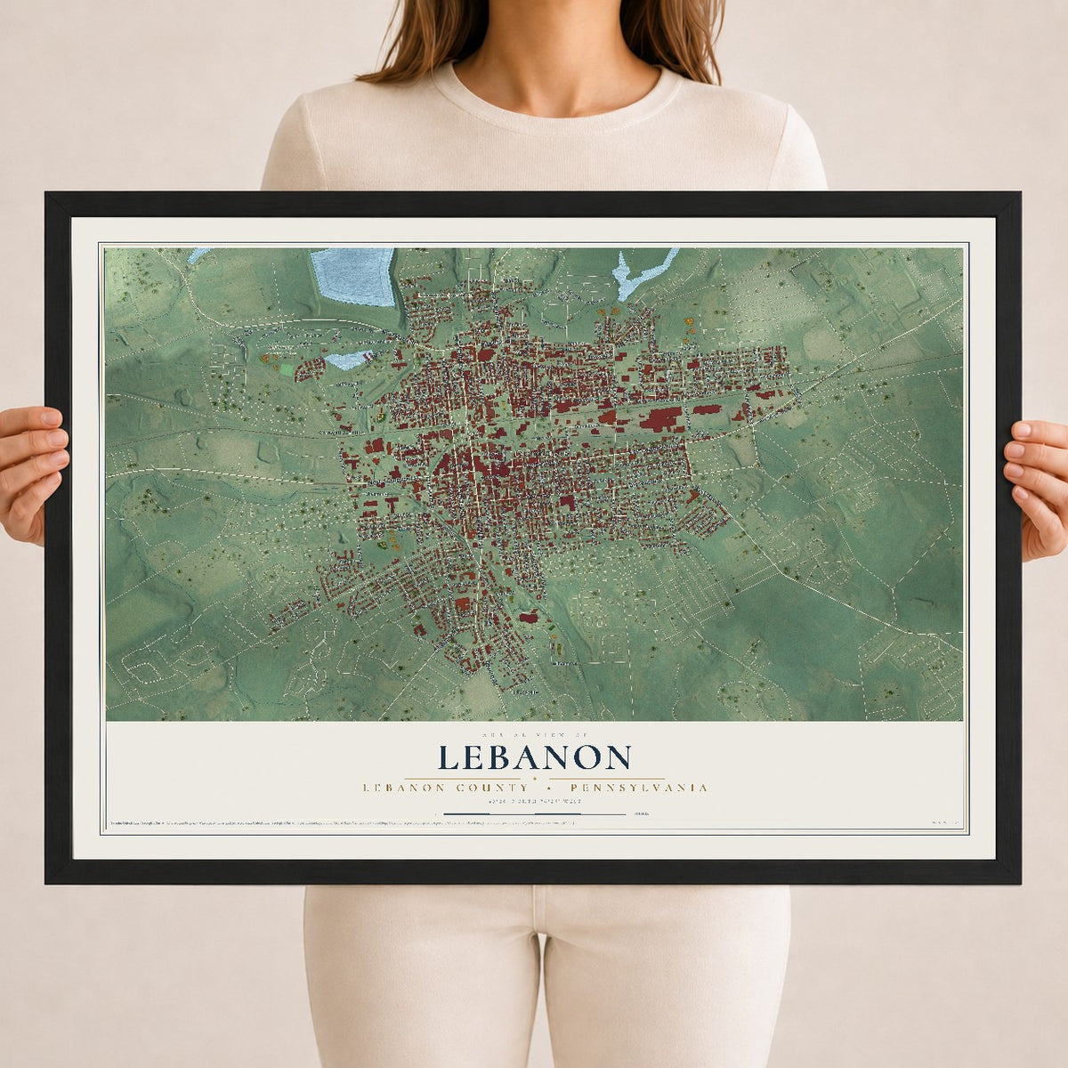 Map of Lebanon, Lebanon County, Pennsylvania, 18 x 24 inch print in a black wood frame