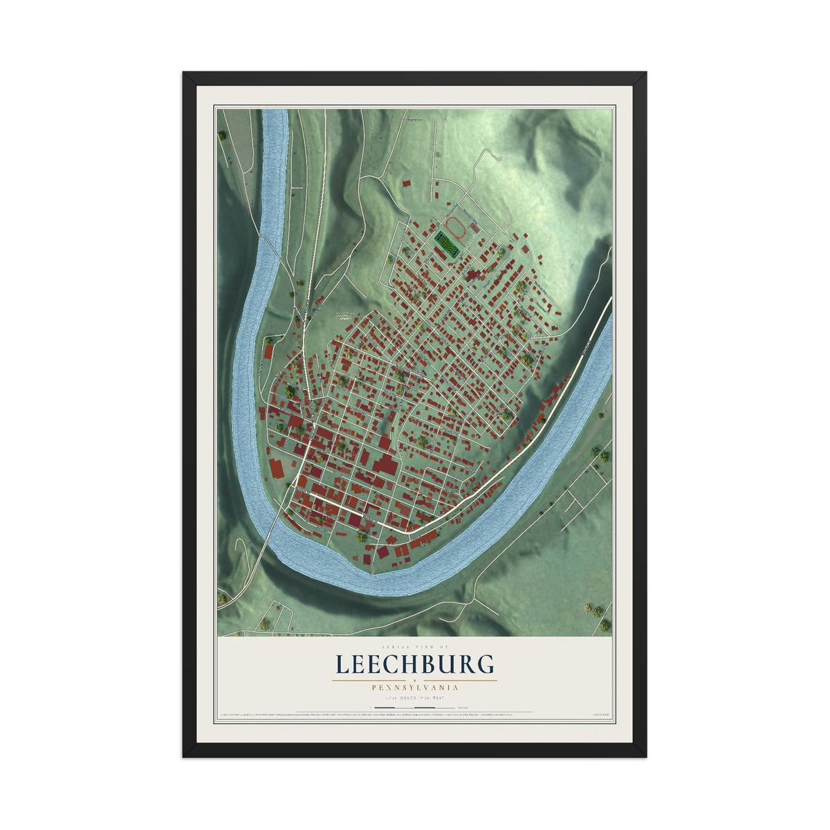 Map of Leechburg, Pennsylvania, 12 x 18 inch print in a black wood frame