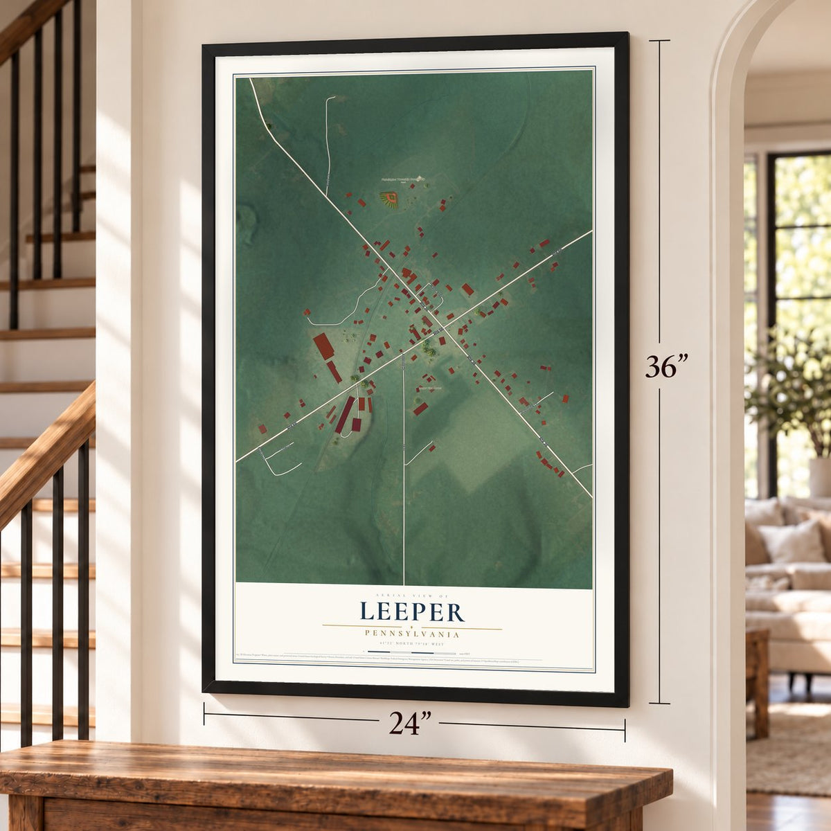 Leeper, Pennsylvania map, 24 x 36 inch print in a black frame by a staircase