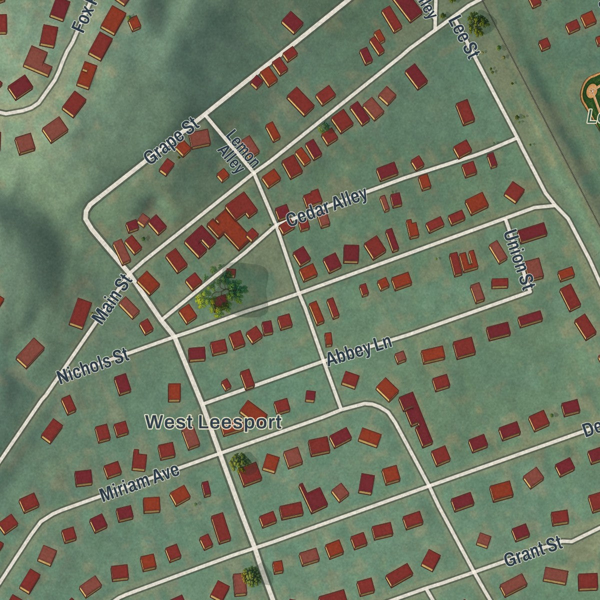 Close-up of the map of Leesport, Pennsylvania print showing street and building detail