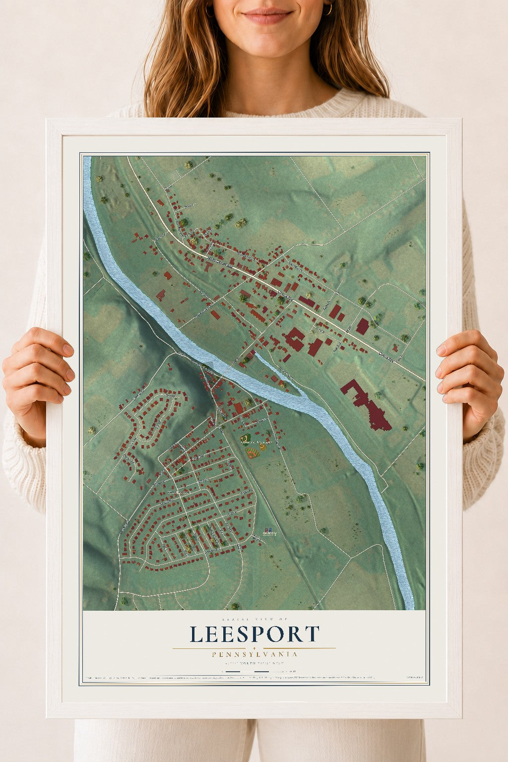 Map of Leesport, Pennsylvania, 18 x 24 inch print in a white wood frame