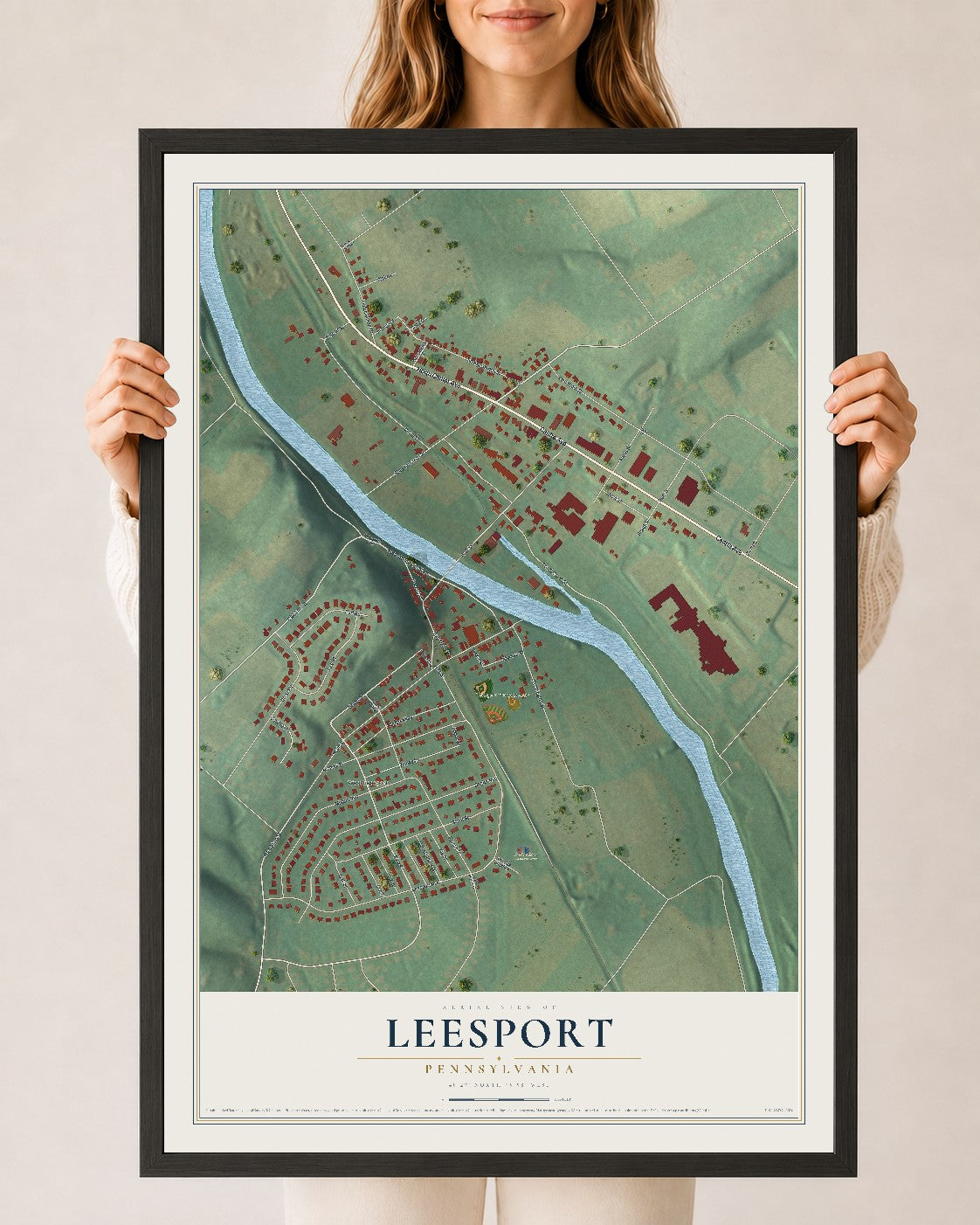 Map of Leesport, Pennsylvania, 24 x 36 inch print in a black wood frame