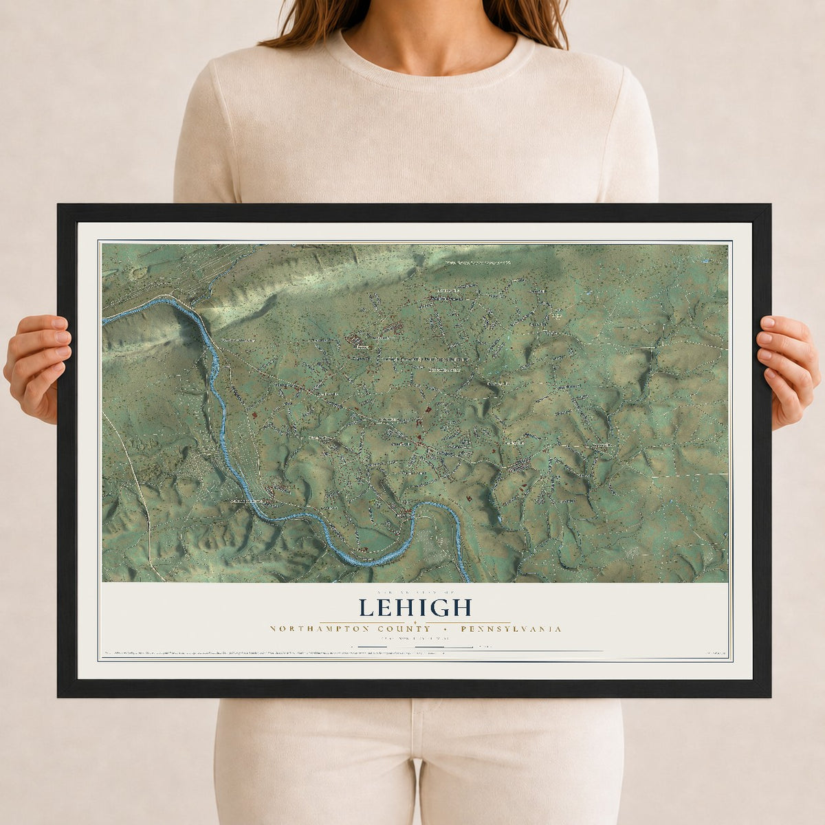 Map of Lehigh, Northampton County, Pennsylvania, 12 x 18 inch print in a black wood frame