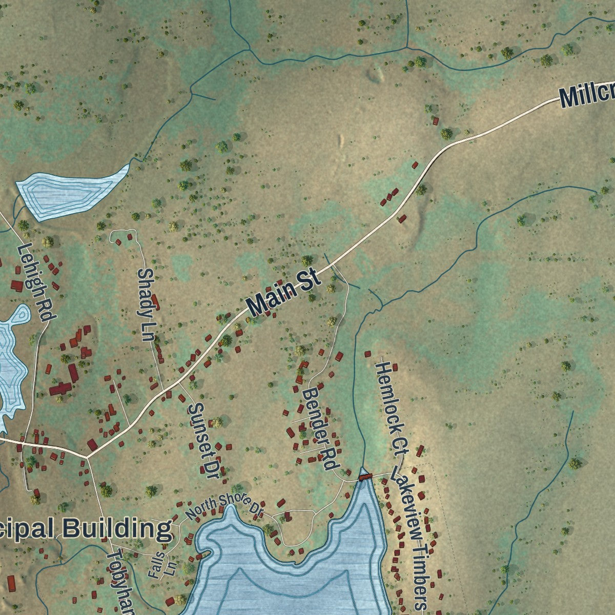 Second close-up of the map of Lehigh, Wayne County, Pennsylvania print showing more streets and buildings