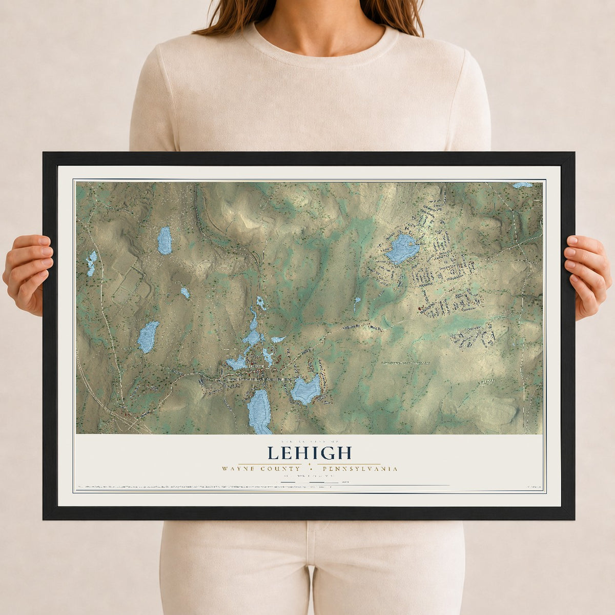 Map of Lehigh, Wayne County, Pennsylvania, 12 x 18 inch print in a black wood frame