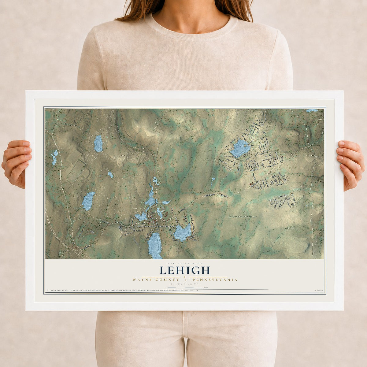 Map of Lehigh, Wayne County, Pennsylvania, 12 x 18 inch print in a white wood frame