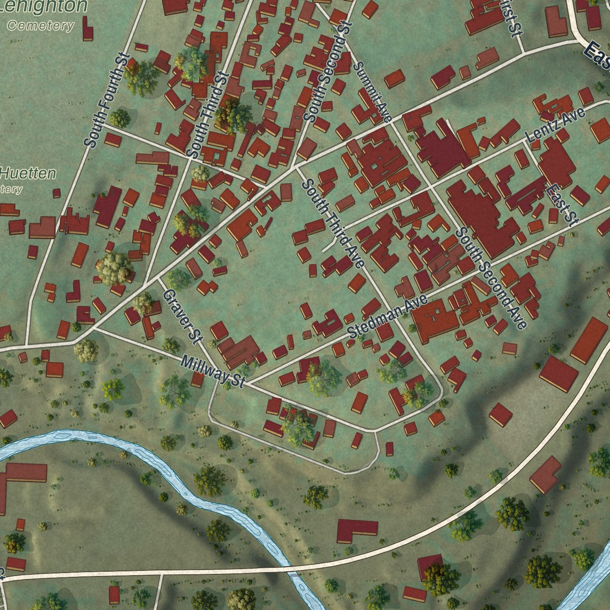 Second close-up of the map of Lehighton, Pennsylvania print showing more streets and buildings