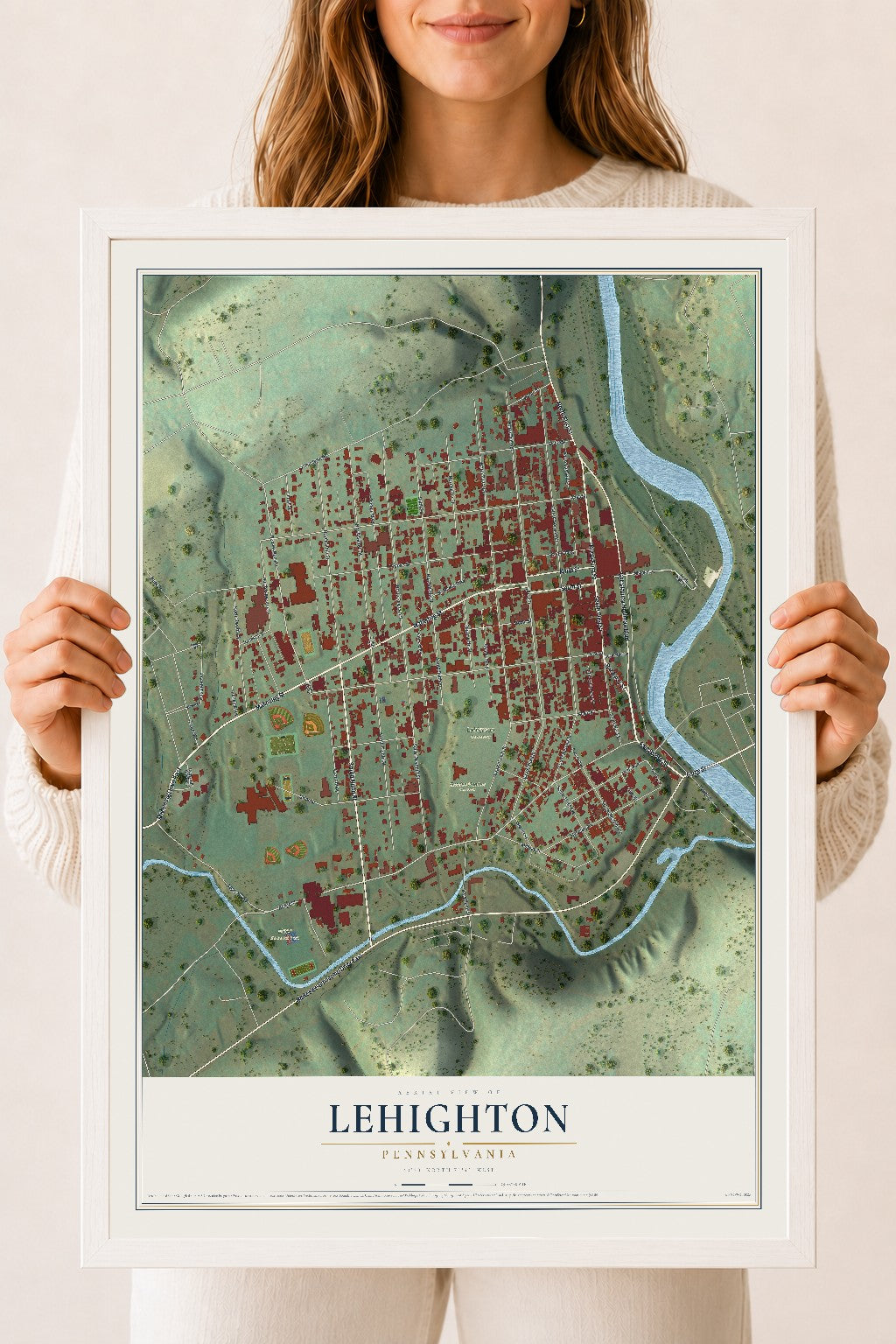 Map of Lehighton, Pennsylvania, 18 x 24 inch print in a white wood frame