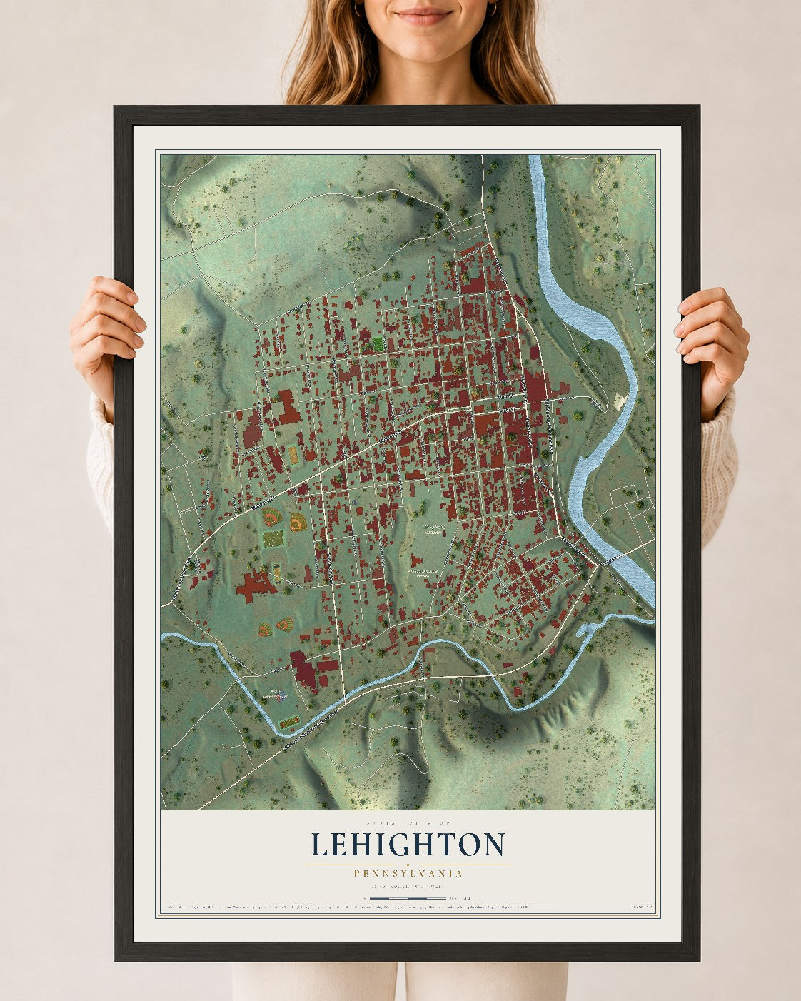 Map of Lehighton, Pennsylvania, 24 x 36 inch print in a black wood frame